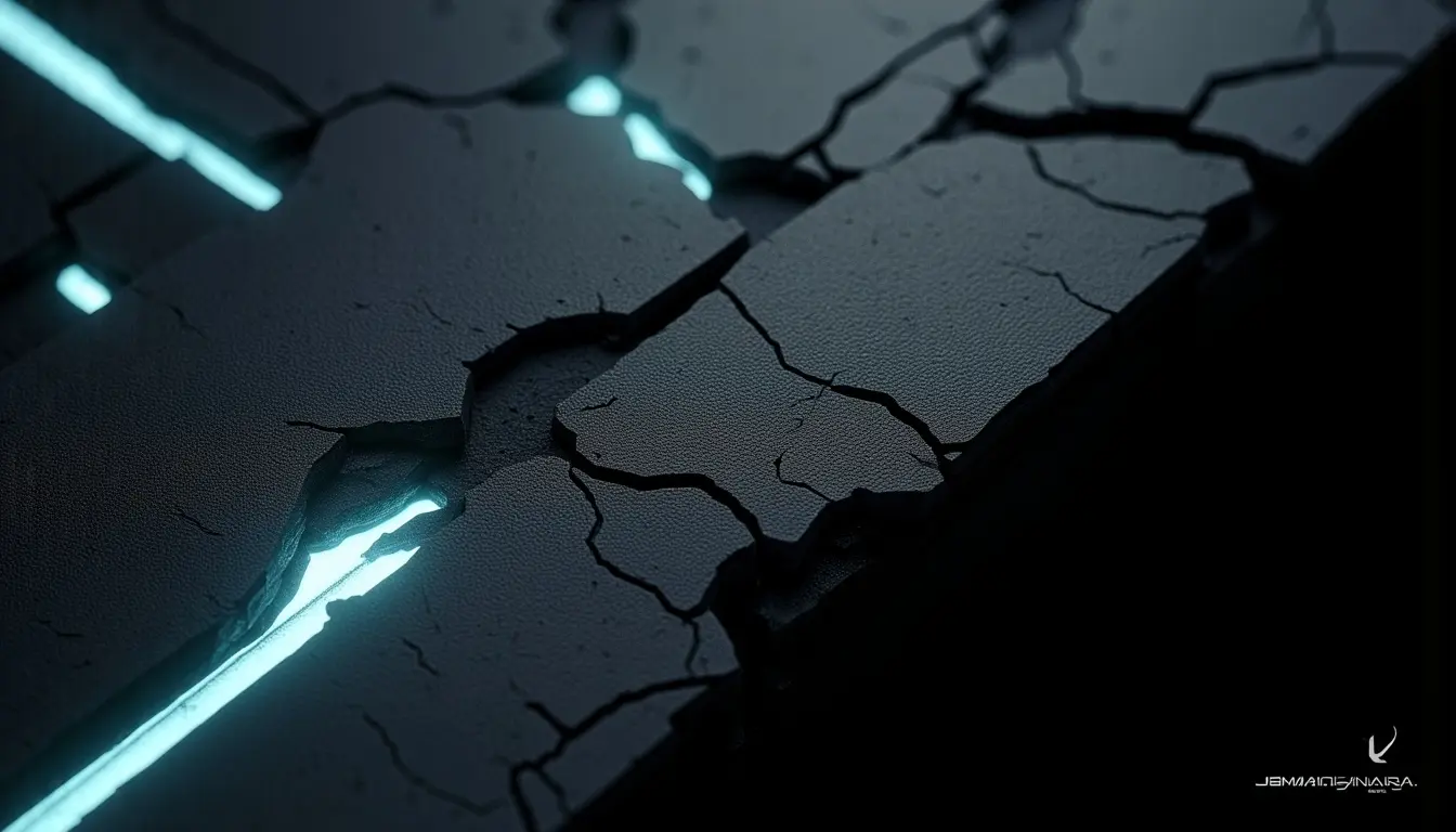 Dark cracked stone surface with bright blue glowing cracks and light beams in futuristic sci-fi setting